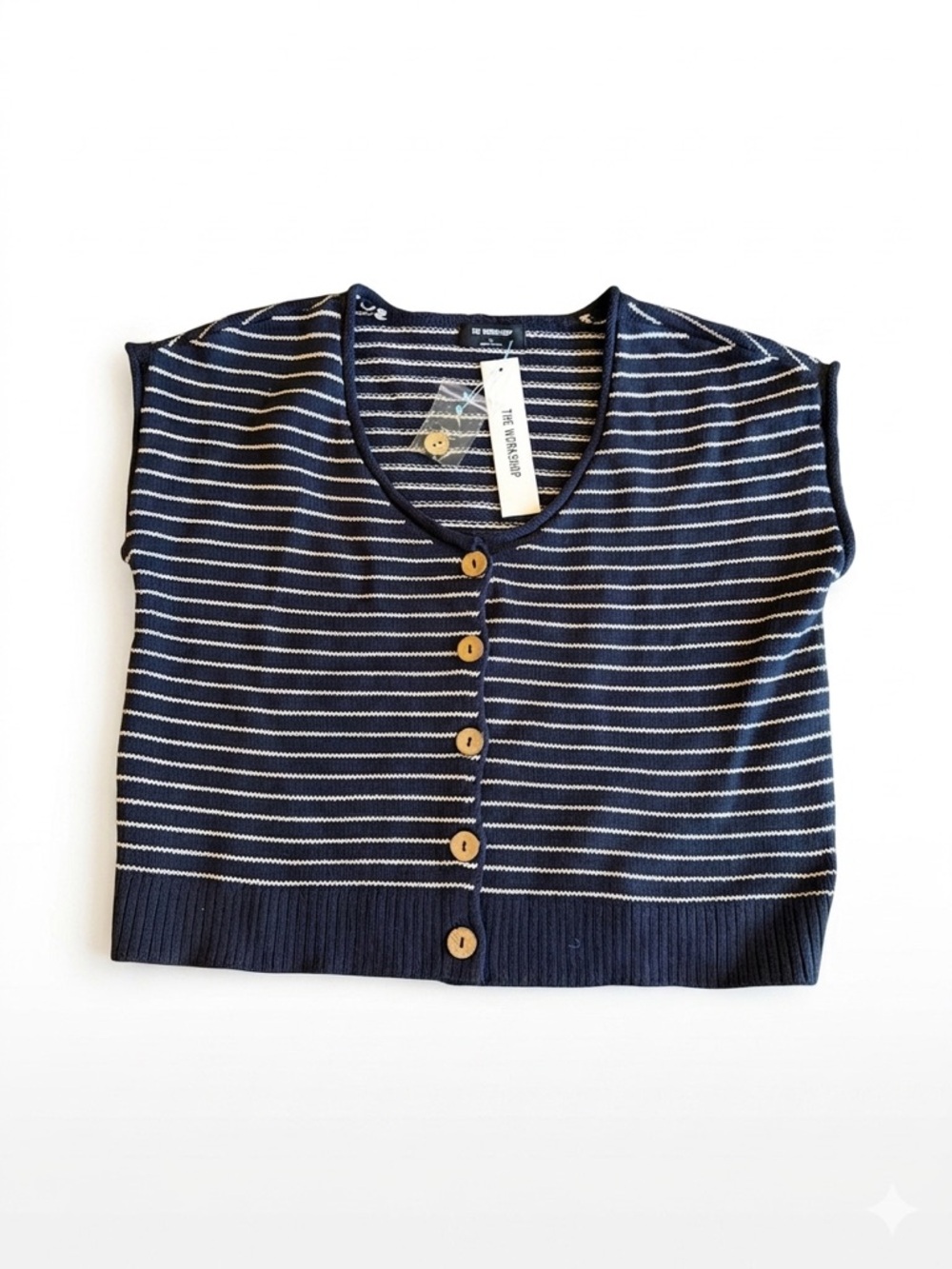 The Workshop Navy & White Striped Knit Tank with Button Detail